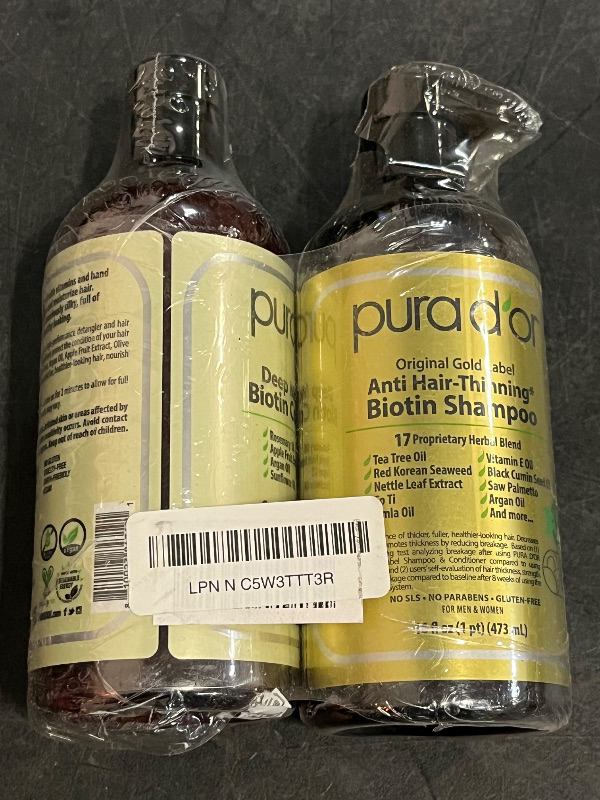 Photo 1 of PURA D'OR Anti-Thinning Biotin Shampoo & Conditioner Original Gold Label Set (16oz x2) – CLINICALLY TESTED Formula for Volume, Strength & Thicker-Looking Hair – Helps Reduce Breakage For Women & Men