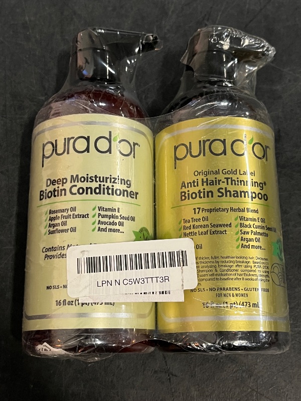 Photo 1 of PURA D'OR Anti-Thinning Biotin Shampoo & Conditioner Original Gold Label Set (16oz x2) – CLINICALLY TESTED Formula for Volume, Strength & Thicker-Looking Hair – Helps Reduce Breakage For Women & Men
