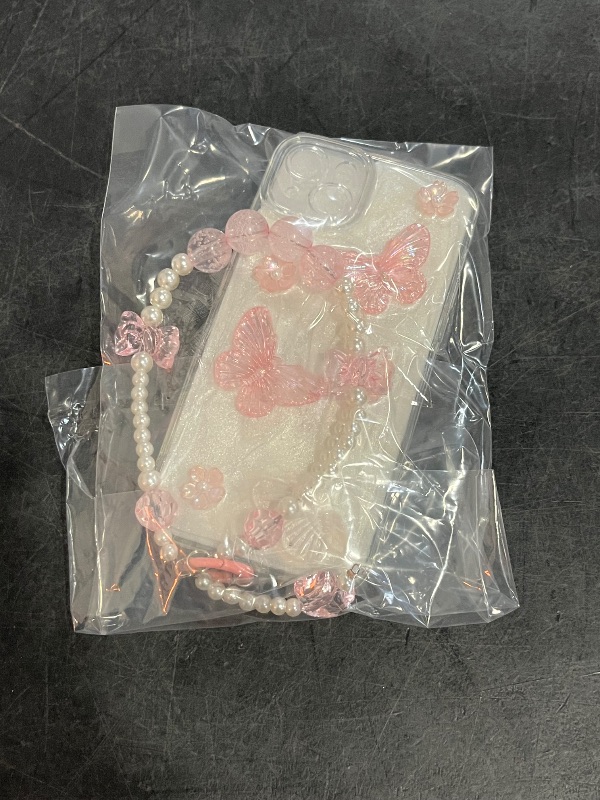 Photo 1 of  iPhone 15 Plus Glitter Butterfly Case,Cute Girly 3D Flower Floral Crystal Pearl Bling Sparkle with Wrist Strap Chain Soft TPU Aesthetic Women Girls Protective Case for iPhone 15 Plus,Pink