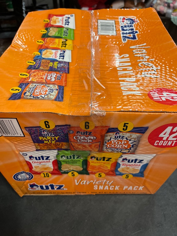 Photo 1 of Exp.04/28/25 Utz Snack Variety Pack Individual Snacks, Includes Potato Chips, Cheese Curls, Popcorn, and Party Mix, Crunchy Travel Snacks for Lunches, Vending Machines, and Enjoying on the Go (Pack of 42)
