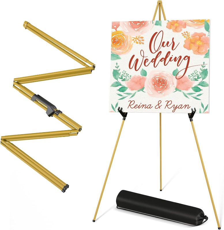 Photo 1 of Display Golden Easel Stand - 63" Artist Instant Tripod Collapsible Portable Floor Easel - Adjustable Art Poster Easy Folding Metal Stand for Display Show, Wedding, Painting
