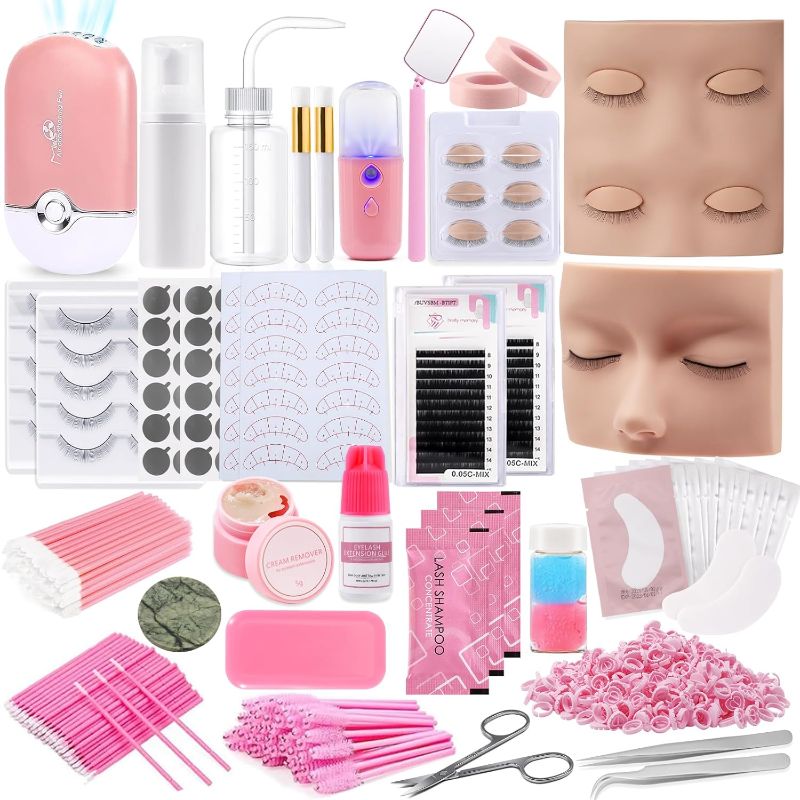 Photo 1 of Pretty memory Eyelash Extension Kit for Beginners, 343 Pcs Lash Extension Kit with Everything Includes 2 Mannequin Heads Facial Mister Tweezers Glue USB Fan for Practice Training