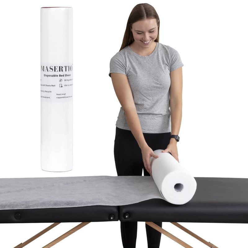 Photo 1 of Disposable Massage Bed Cover - 60 Sheets Per Roll, Non-woven Disposable Material - Ideal for Spa, Massage Table, Tattoo, Waxing Table - No Crinkle Table Sheets - 31.5 x 71 Inches (1 Roll)