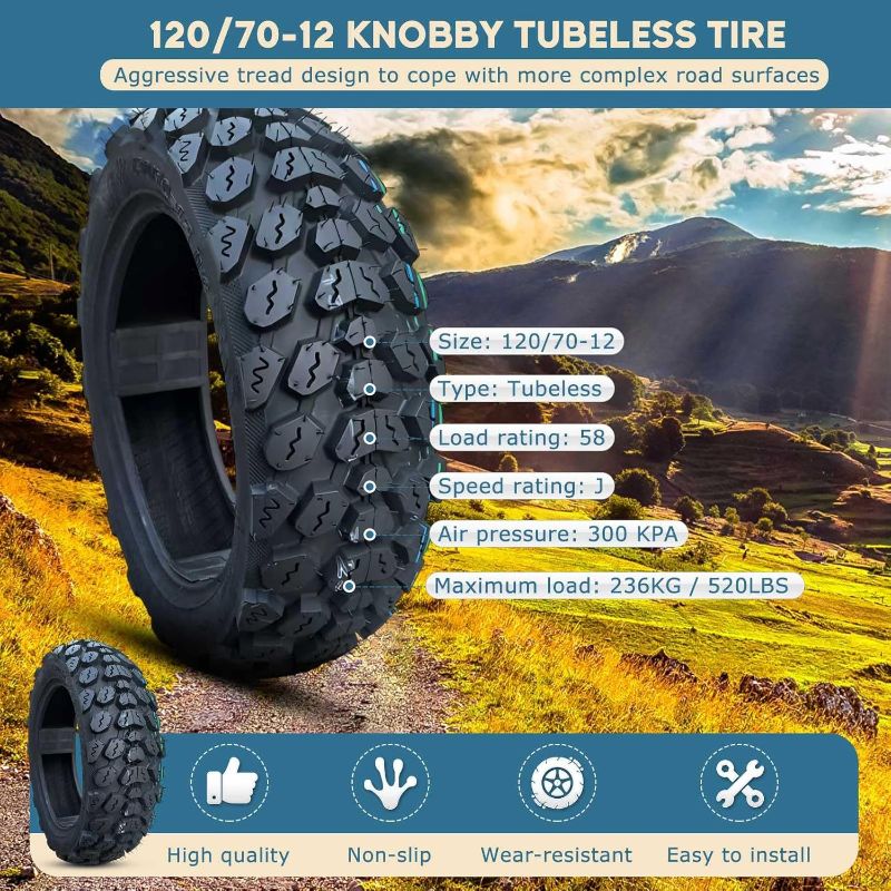 Photo 1 of 120/70-12 Tires with Block Shaped Treads Punch Resistant Off Road Dirt Bike Tubeless llantas with Valve Stem, Pneu 8 P.R. 300KPA Offroad Neumaticos