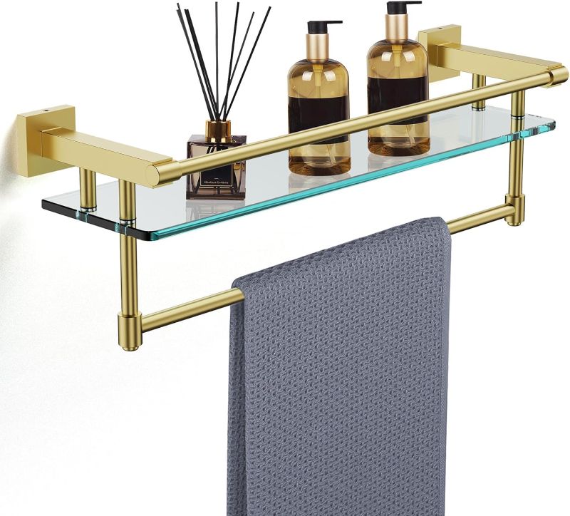 Photo 1 of Bathroom Glass Shelf with Towel Rack Organizer Wall-Mounted Bathroom Storage SUS304 Stainless Steel Track Wall-Mounted Tempered Glass Stainless Steel Shelf (Brushed Gold)