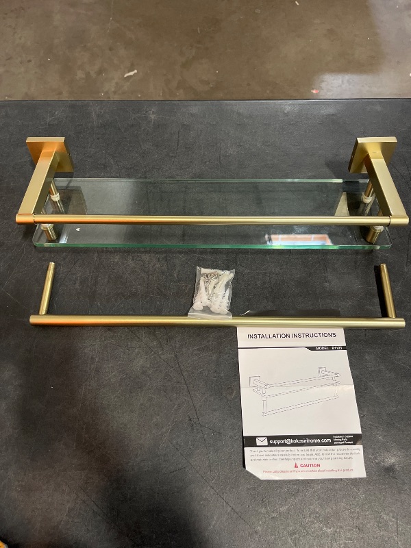 Photo 1 of Bathroom Glass Shelf with Towel Rack Organizer Wall-Mounted Bathroom Storage SUS304 Stainless Steel Track Wall-Mounted Tempered Glass Stainless Steel Shelf (Brushed Gold)