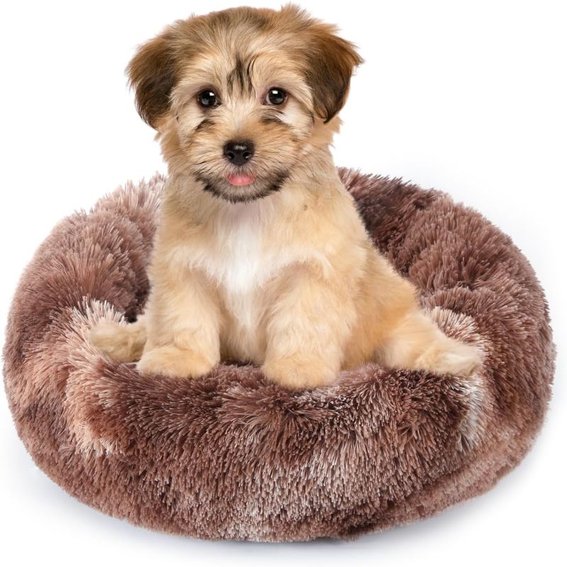 Photo 1 of NOYAL Calming Donut Dog Bed for Small to Medium Dogs & Cats - Plush Faux Fur Anti-Anxiety Pet Bed with Machine Washable Cover & Non-Slip Base