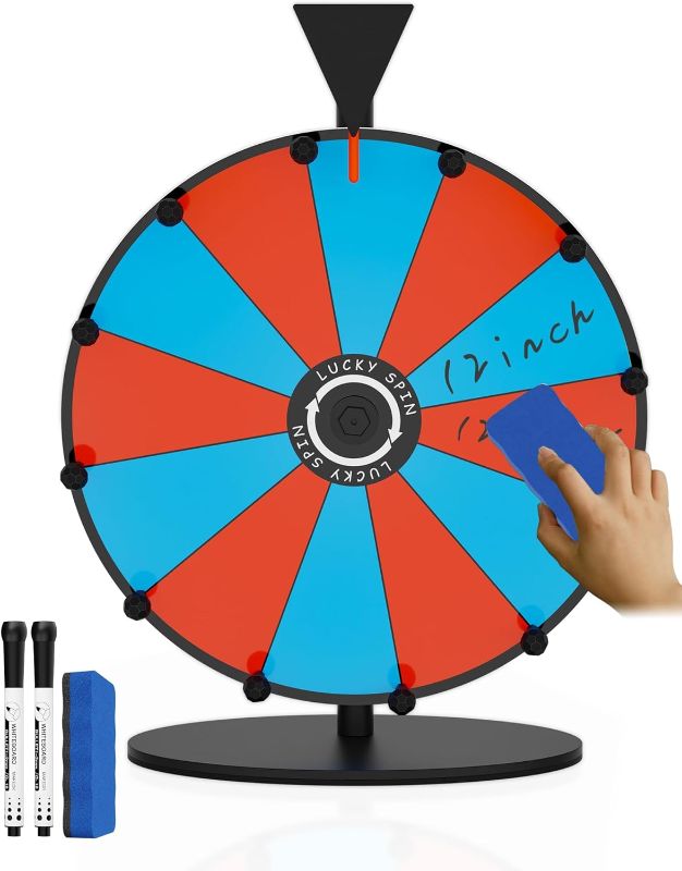 Photo 1 of 12 Inch Prize Wheel, Heavy Duty Spinning Wheel for Prizes, Colors Spin Wheel with Dry Erase Marker & Eraser, 12 Slots Wheel Spinner with Stand for Party, Carnivals and Tradeshow
