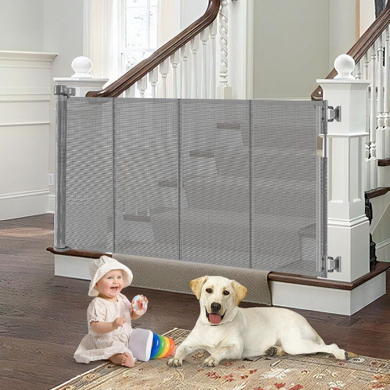 Photo 1 of Reinforced Retractable Dog Gate for Stairs with Support Rods, Extends up to 55" Wide, Adjustable Latches for Stairway Banister to Wall Child Gate, Ideal for Kids or Pets (Gray)
