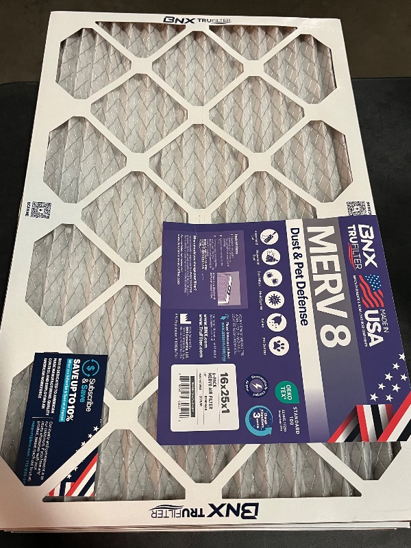 View 3 of BNX TruFilter 16x25x1 Air Filter MERV 8 (6-Pack) - MADE IN USA – Dust & Pet Defense Electrostatic Pleated Air Conditioner HVAC AC Furnace Filters for Dust, Pet, Mold, Pollen MPR 600 – 700 & FPR 5