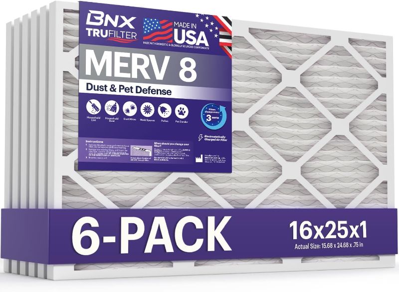 View 1 of BNX TruFilter 16x25x1 Air Filter MERV 8 (6-Pack) - MADE IN USA – Dust & Pet Defense Electrostatic Pleated Air Conditioner HVAC AC Furnace Filters for Dust, Pet, Mold, Pollen MPR 600 – 700 & FPR 5