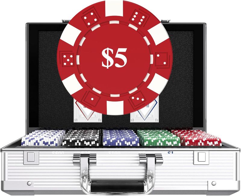 View 1 of Poker Chips 1000 Chips Set with Denominations, 11.5g Weighted Numbered Casino Chips Set, 2 Decks with Compact Aluminum Case for Texas Hold'em, Blackjack Chips