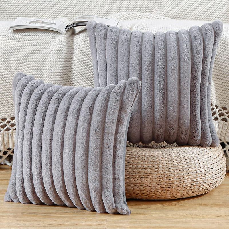 Photo 1 of MADIZZ Set of 2 Faux Wool Plush Decorative Throw Pillow Covers 18x18 Inch Grey Fluffy Striped Soft Decorative Cushion Cover for Sofa Bedroom Pillow Shell
