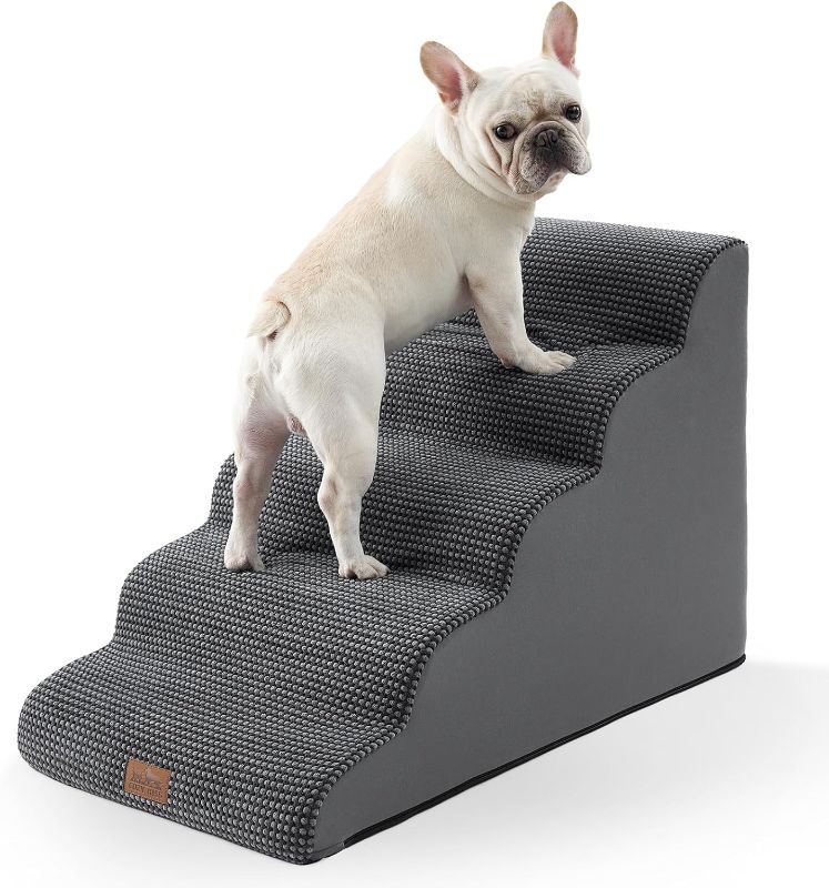 Photo 1 of Extra Wide Dog Stairs 19.7" Width, Large Pet Step for Small Medium Dog, Puppy or Cat, Ramp for High Bed or Car, High Density Foam Ladder, Stable, 5 Step, 19.7x33x22.4 in, Charcoal Grey
