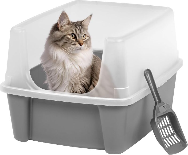 Photo 1 of IRIS USA Large Cat Litter Box with Scatter Shield and Scoop, Open Top High Sided Cat Litter Pan, Gray/Clear
