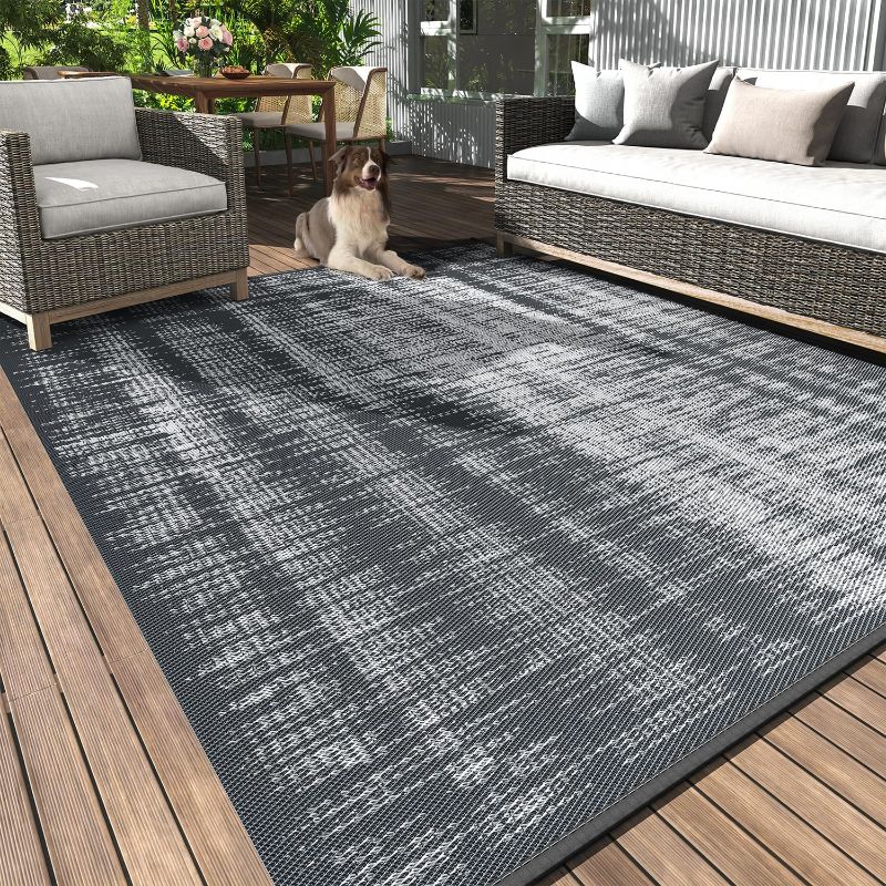 Photo 1 of MontVoo Outdoor Rug Waterproof 8x10 ft Outdoor Carpet Patio Rug Mat Reversible RV Camping Rug Plastic Straw Outside Rug for Balcony Porch Deck Picnic Beach Modern Grey
