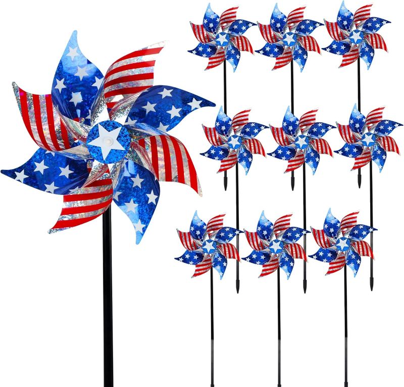 Photo 1 of Hausse 10 Pack Reflective Pinwheels Patriotic Decorations, American Flag on Stick Wind Spinner with Stake for Independence Day, Memorial Day July of 4th Party Supplies, Scare Birds Repellent Devices
