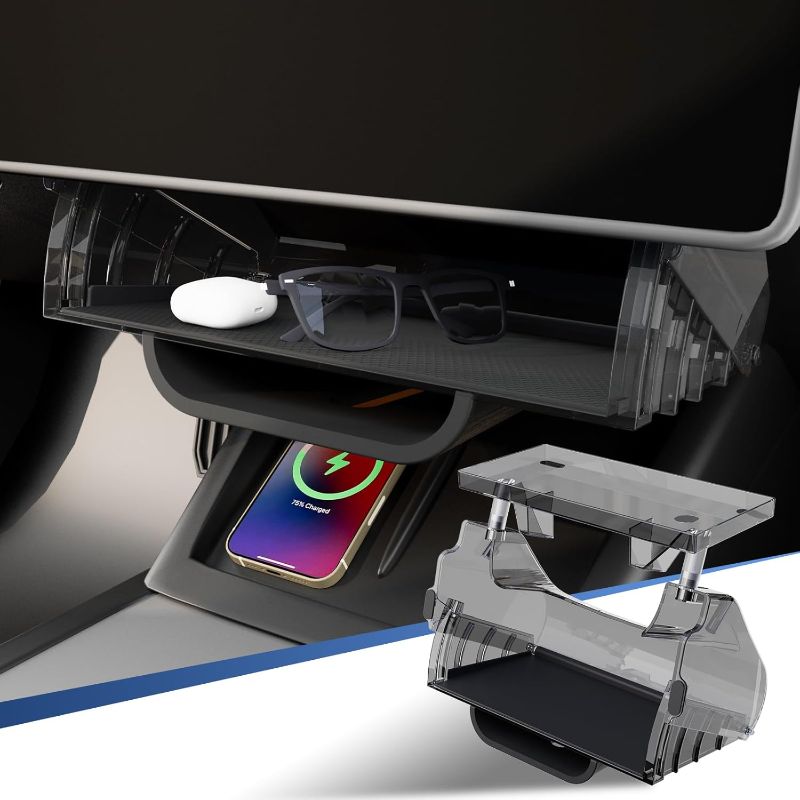 Photo 1 of For Tesla Model Y Juniper Under Screen Storage Organizer 2025-2026/Model 3 Highland 2024-2026, Hideable Center Console Organizer Tray for Tesla Model Y Juniper Accessories, Black
