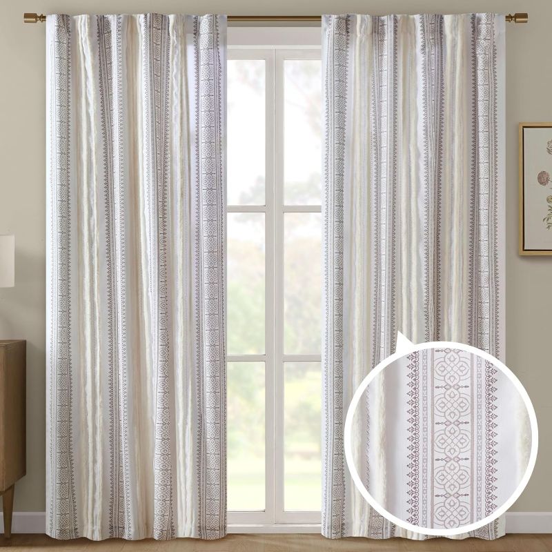 Photo 1 of Madison Park Window Curtain for Living Room Geometric Print Tufted Accent Modern Curtain Window Light Blocking Living Room Drape for Bedroom, 1-Panel Pack Fits 1.25" Rod, Samara, 50x95 White/Brown
