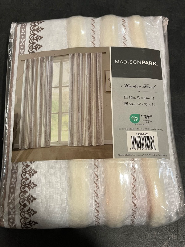 Photo 1 of Madison Park Window Curtain for Living Room Geometric Print Tufted Accent Modern Curtain Window Light Blocking Living Room Drape for Bedroom, 1-Panel Pack Fits 1.25" Rod, Samara, 50x95 White/Brown
