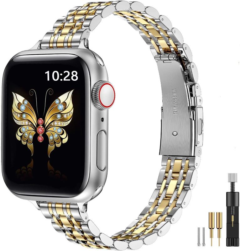 Photo 1 of MioHHR Slim Metal Band Compatible with Apple Watch Band 42mm(Series 11 10) 41mm(Series 9 8 7) 40mm(Series 6 5 4 SE3/2/1) 38mm(Series 3 2 1),Stainless Steel iWatch Bands for Women,Silver/Gold
