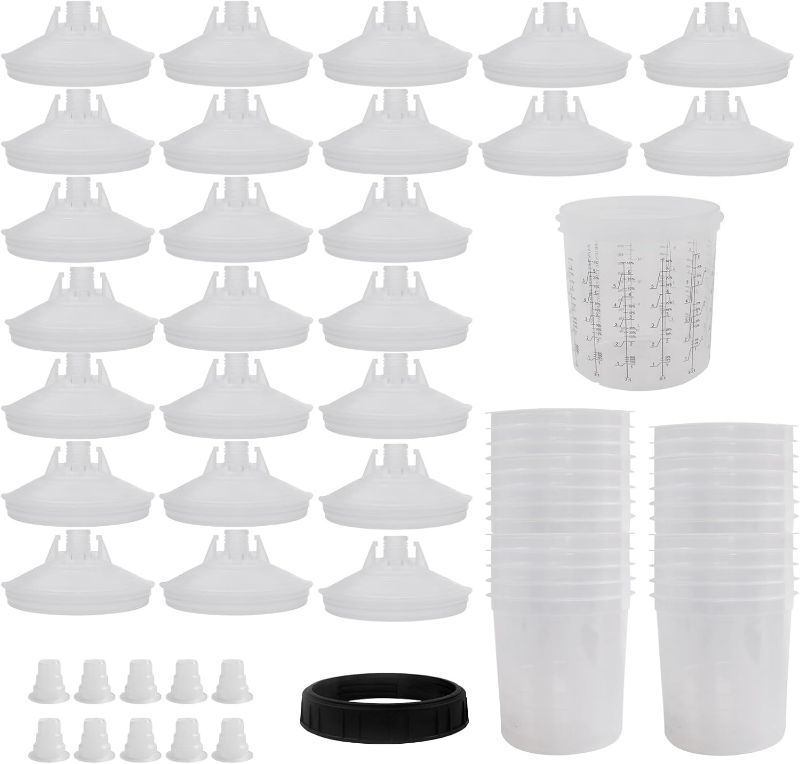View 1 of (ONLY 8 Cups & 27 LIDS) Disposable Paint Cups 20 oz (600 ml) kit for Automotive Spray Guns, 25 Cups and lid Systems, 1 Hard Cup with retaining Ring and 10 stoppers