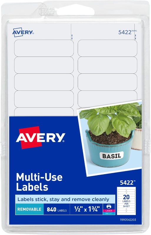 Photo 1 of Avery Self-Adhesive Removable Labels, 0.5 x 1.75 Inches, 840 Per Pack, White Label Stickers (05422)