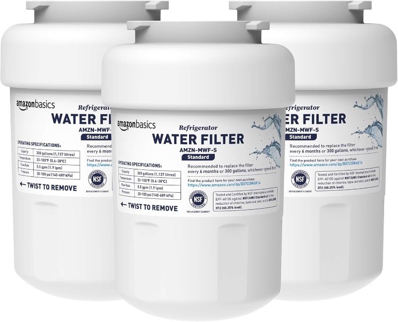 Photo 1 of Amazon Basics Replacement Water Filter Cartridge Compatible with GE MWF Refrigerator, Pack of 3, Standard Filtration
