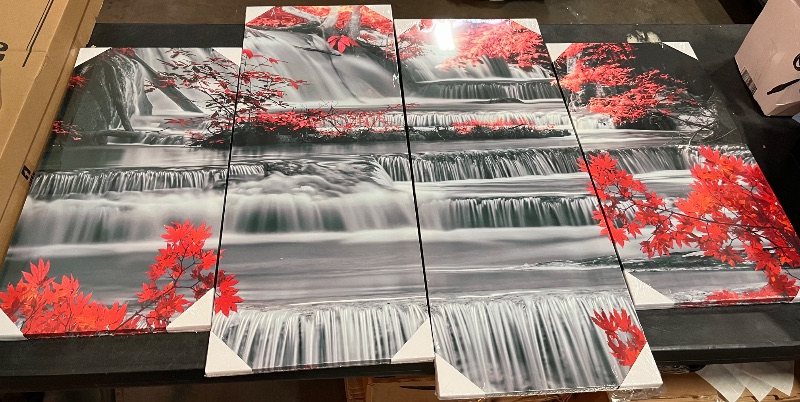 Photo 1 of 4 Piece Black and Red Waterfall Canvas Wall Art Set with a Nature Landscape Print