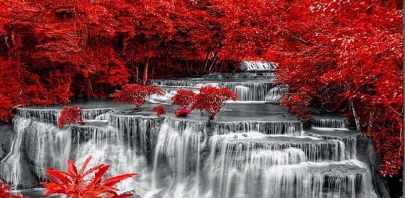 Photo 1 of 4 Piece Black and Red Waterfall Canvas Wall Art Set with a Nature Landscape Print
