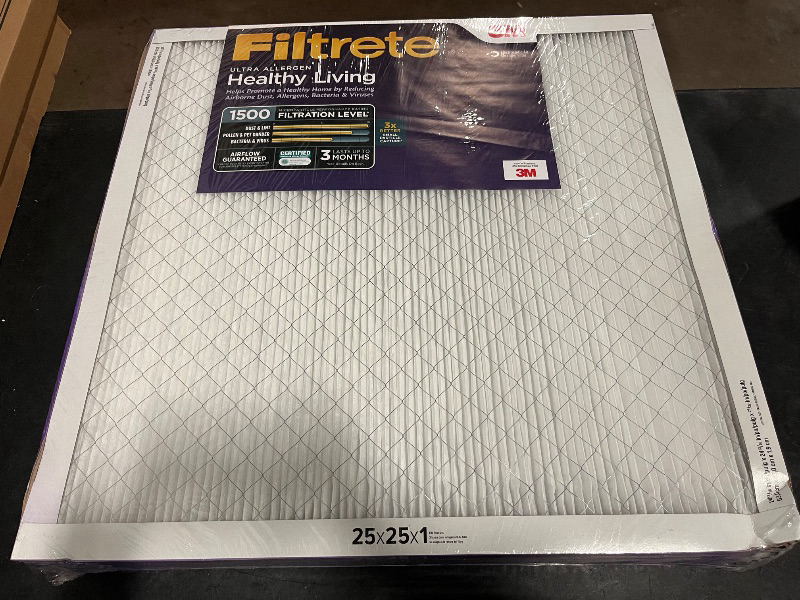 Photo 1 of Filtrete 25x25x1 AC Furnace Air Filter, MERV 12, MPR 1500, CERTIFIED asthma & allergy friendly, 3 Month Pleated 1-Inch Electrostatic Air Cleaning Filter, 6-Pack (Actual Size 24.81x24.81x0.78 in)