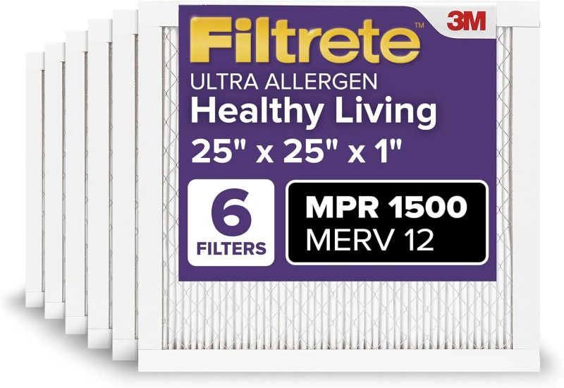 Photo 1 of Filtrete 25x25x1 AC Furnace Air Filter, MERV 12, MPR 1500, CERTIFIED asthma & allergy friendly, 3 Month Pleated 1-Inch Electrostatic Air Cleaning Filter, 6-Pack (Actual Size 24.81x24.81x0.78 in)