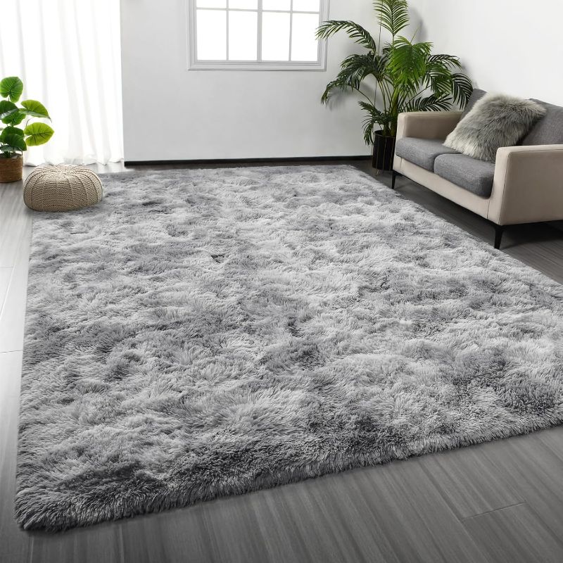 Photo 1 of Large Shag Area Rugs 6 x 9, Tie-Dyed Plush Fuzzy Rug for Living Room, Ultra Soft Fluffy Furry Rugs for Bedroom, Indoor Carpet Nursery Rugs for Kids Room Home Decor, Light Grey
