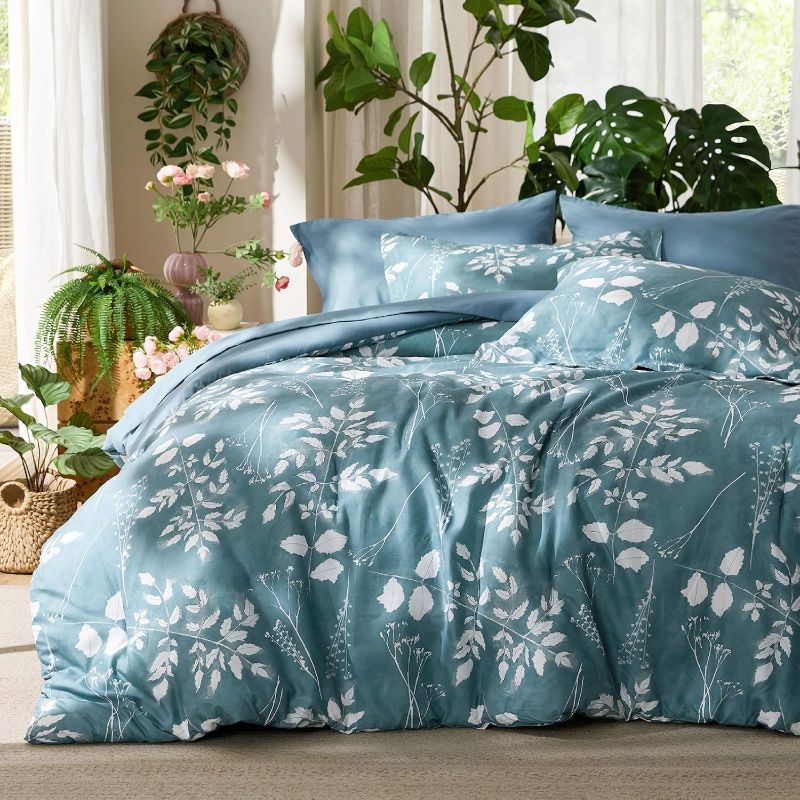 Photo 1 of Bedsure Queen Comforter Set - 7 Pieces Floral Mineral Blue Soft Bedding Sets, Queen Bed in a Bag with Botanical Flowers Comforter, Sheets, Pillowcases & Shams