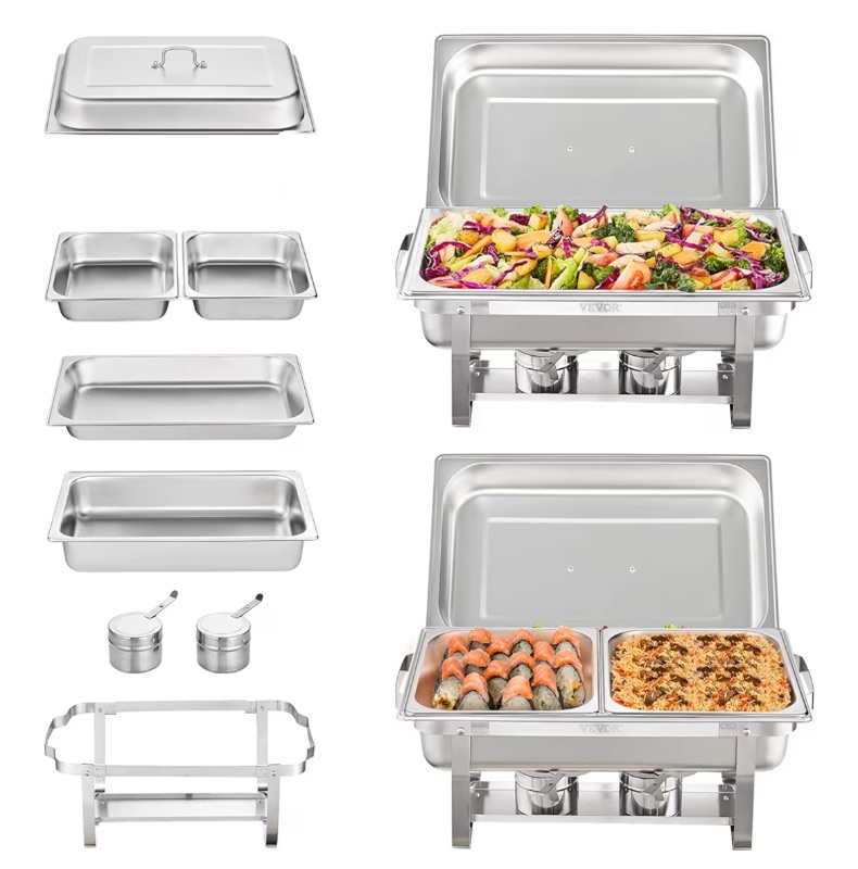 Photo 1 of *Missing Lid* VEVOR Chafing Dish Buffet Set, 8 Qt 2 Pack, Stainless Steel Chafer with 2 Full Size Pans, Rectangle Catering Warmer Server with Lid Water Pan Folding Stand Fuel Holder, for Wedding Party Banquet