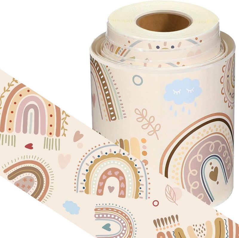 Photo 1 of Pajean Boho Bulletin Board Border Rainbow Classroom Decor Boho Bulletin Board Trim Self Adhesive Rainbow Classroom Decorations Waterproof School Chalkboard Decors(49.2 Feet)
