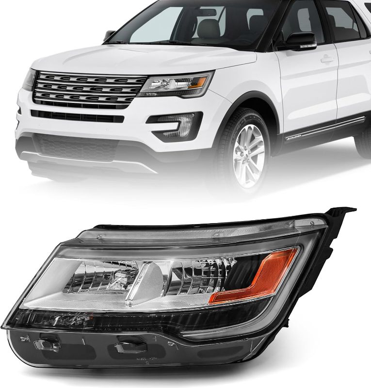 Photo 1 of FIONE Headlight Assembly Compatible with Ford Explorer 2016 2017 2018 [Halogen Model] Headlight Assembly Left Driver Side LH Replacement Chrome Housing Headlamp W/LED DRL
