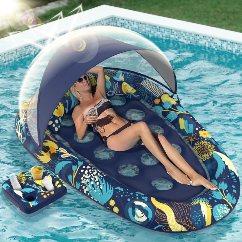 Photo 1 of 3-in-1 Pool Floats with Canopy Cup Holder, Large 73" x 48" Pool Floats Adults Heavy Duty, Inflatable Lounger Raft Floating Chair with Backrest, Swimming Pool Lake Beach Pool Party
