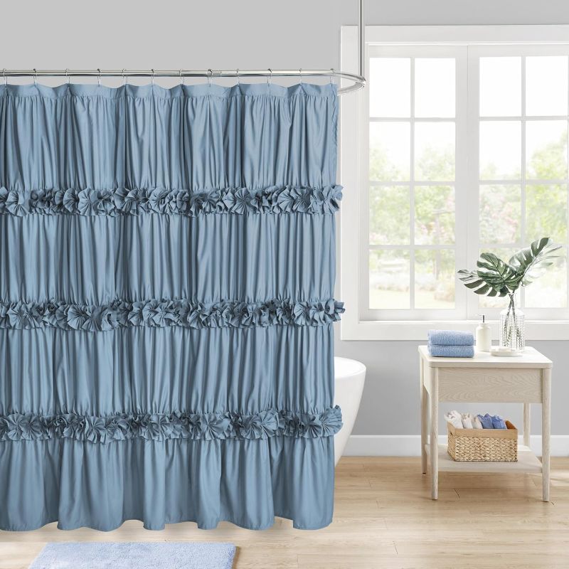 Photo 1 of Dusty Blue Ruffle Shower Curtain, Vintage Handcrafted Bow Tie Bath Curtain for Master Bathroom, Ruched Microfiber Bathroom Curtain with 12 Buttonholes, 72" W x 72" H (LQ-10)
