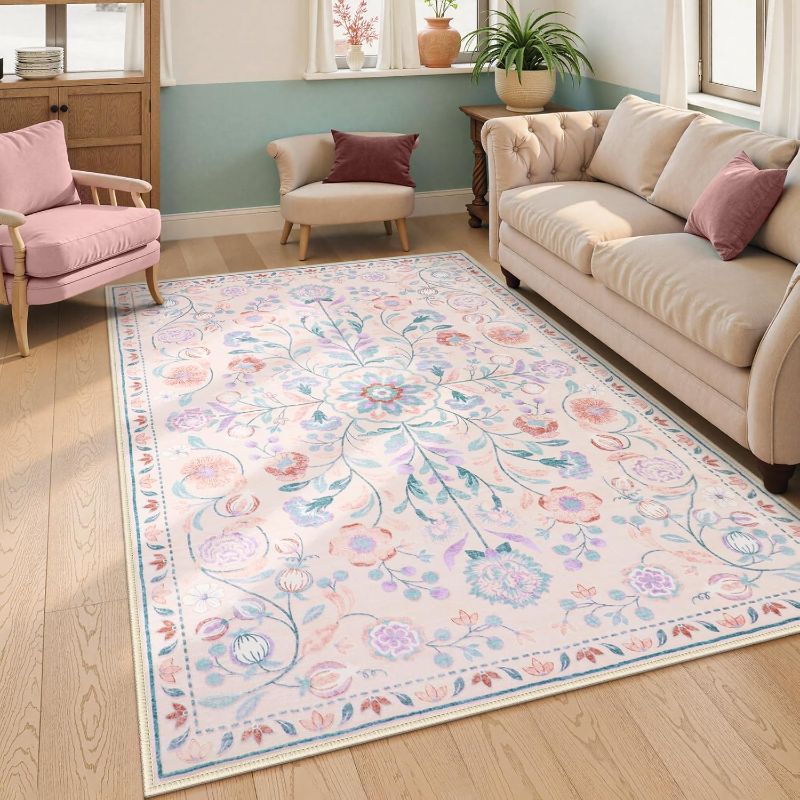 Photo 1 of Anidaroel 5x7 Area Rugs for Living Room, Washable Pink Floral Rugs for Bedroom Girls, Soft Boho Nursery Rugs for Kids Playroom, Non Slip Low Pile Indoor Carpet for Bedside Dorm, Pink/Multi
