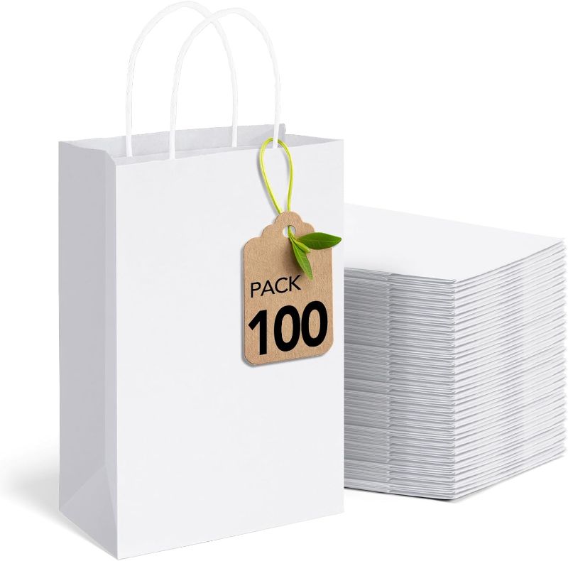 Photo 1 of MESHA Paper Gift Bags 5.25x3.75x8 White Small Paper Bags with Handles Bulk,100 Pcs Kraft Paper Bag for Small Business,Birthday Wedding Party Favor Bag,Paper Shopping Bag