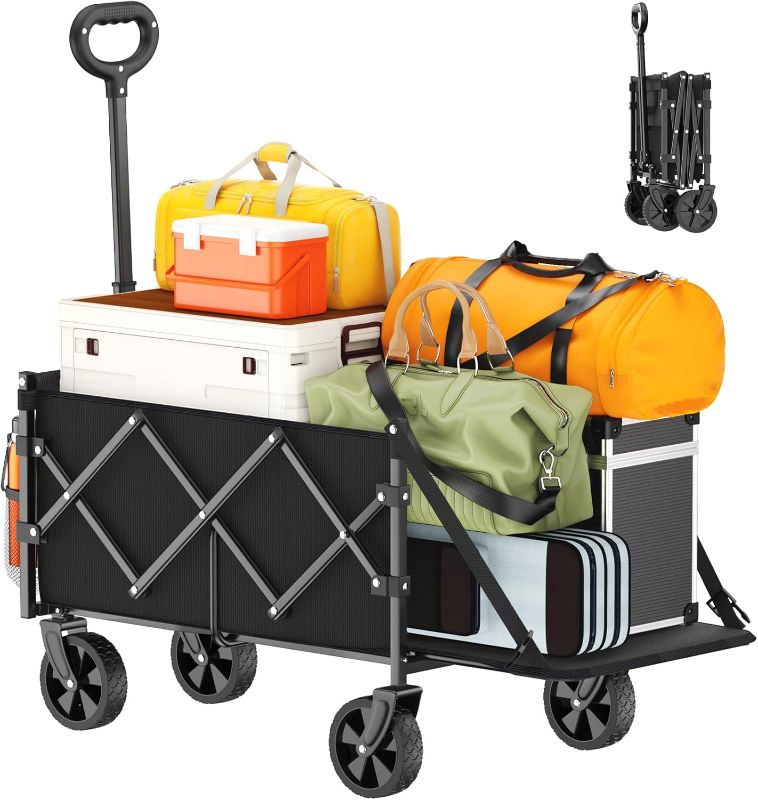 Photo 1 of Foldable Wagon with Extended Tailgate: Collapsible Large Capacity Folding Wagon - Heavy Duty Utility Carts for Shopping,Garden,Sports,Groceries,Apartment,Camping,Outdoor - Black
