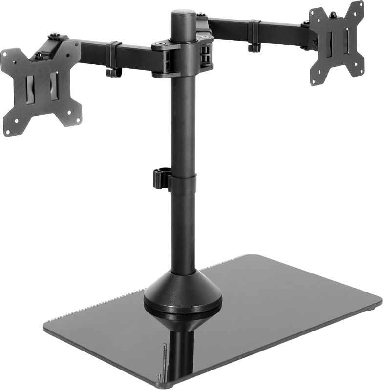 Photo 1 of Freestanding Dual Monitor Stand with Sleek Glass Base and Adjustable Arms, Mounts 2 Screens up to 32 inch and 22 lbs Each, Black, STAND-V002FG