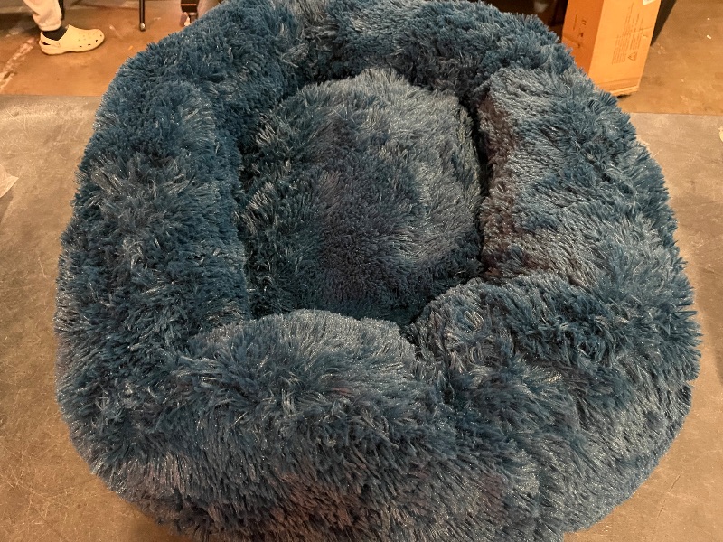 Photo 1 of Bedsure Calming Dog Bed for Medium Dogs - Donut Washable Medium Pet Bed, 30 inches Anti-Slip Round Fluffy Plush Faux Fur Cat Bed, Fits up to 45 lbs Pets, Navy
