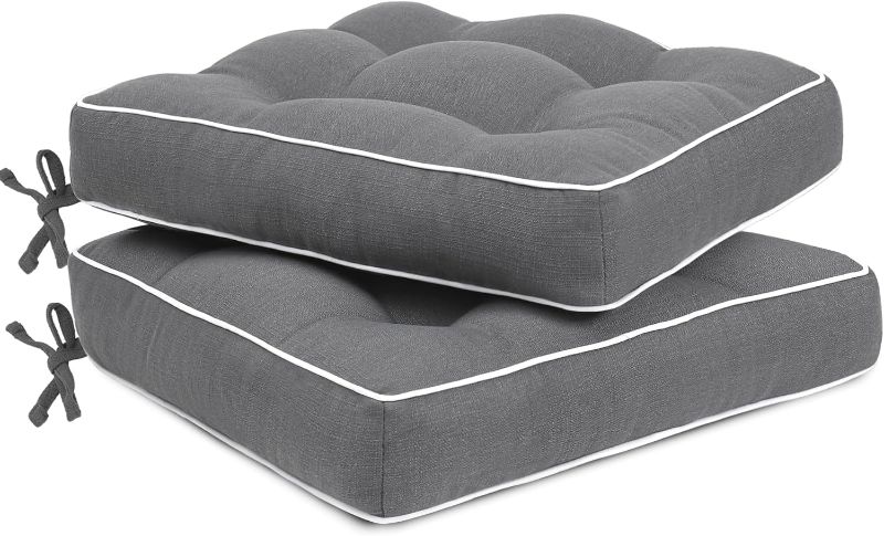 Photo 1 of Favoyard Patio Cushions 17 x 17 Inch Indoor & Outdoor Chair Cushions Water-Resistant Seat Cushion for Patio Furniture 3-Year Color Fastness Square Tufted Couch Chair Pads with Ties, 2 Pack, Dark Gray
