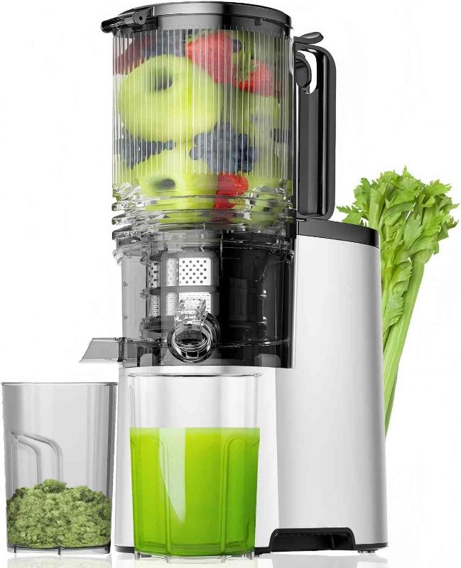 Photo 1 of Cold Press Juicer, 5.8" Wide Feed Chute Juice Extractor Machine with 400W, High Juice Yield, Slow Masticating Juicer for Whole Vegetables & Fruits, Metallic Silver
