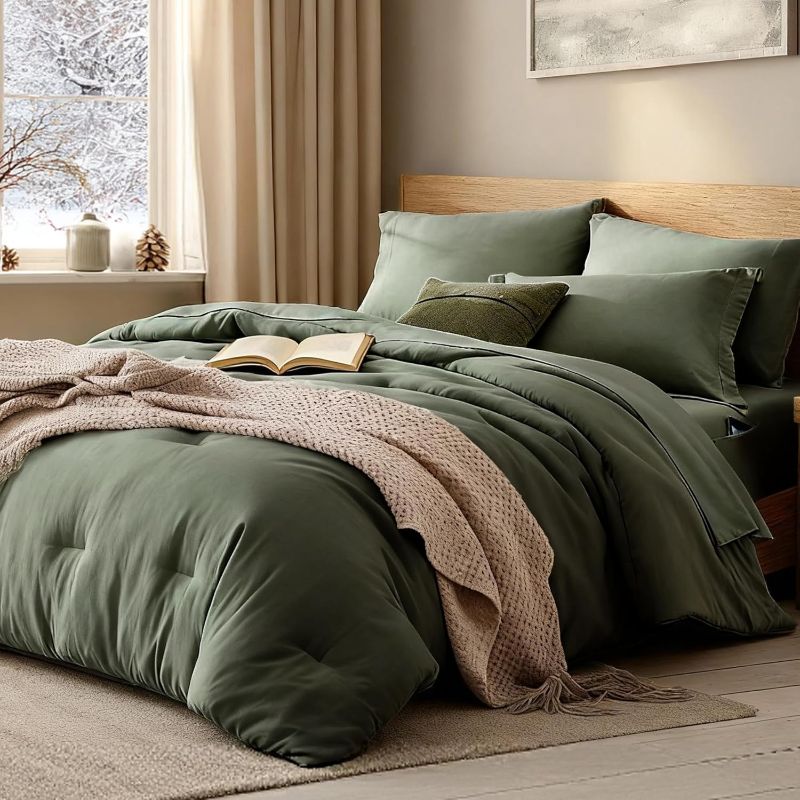 Photo 1 of Queen Comforter Set- 7 Pieces Soft Olive Green Bed in a Bag with Fitted Sheet, Flat Sheet, 2 Pillow Shams, and 2 Pillowcases- Warm Bedding Sets Queen for All Season