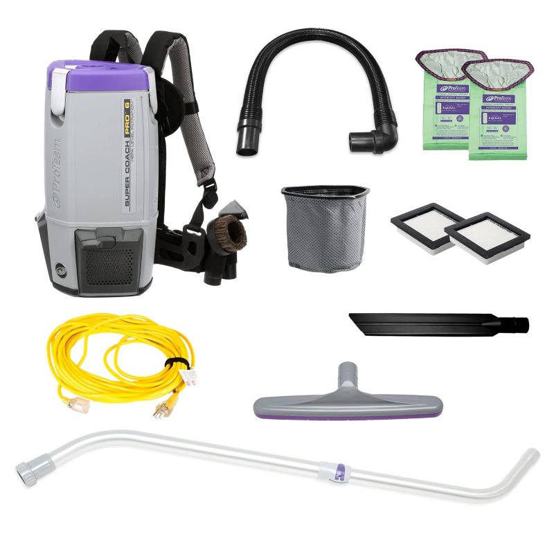 Photo 1 of ProTeam Super Coach Pro 6 Backpack Vacuum Commercial with Telescoping Wand Tool Kit, 6 Quart, Corded, 107310
