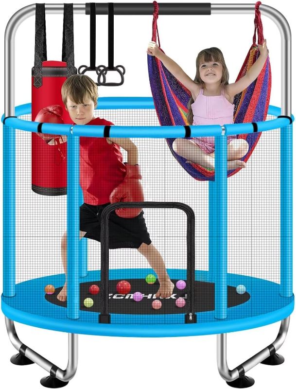 Photo 1 of 55" Trampoline for Kids with Enclosure, 440lbs Capacity Indoor & Outdoor Toddler Trampoline with Adjustable Gymnastics Bar & Toys, for Boys & Girls
