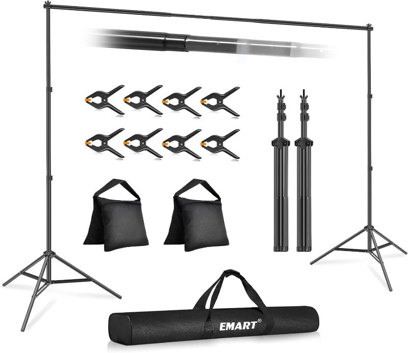 Photo 1 of EMART Backdrop Stand 10x7ft(WxH) Photo Studio Adjustable Background Stand Support kit with 2 Crossbars, 8 Clamps, 2 Sandbags and Carry Bag for Parties, Events Decoration, Wedding, Photography
